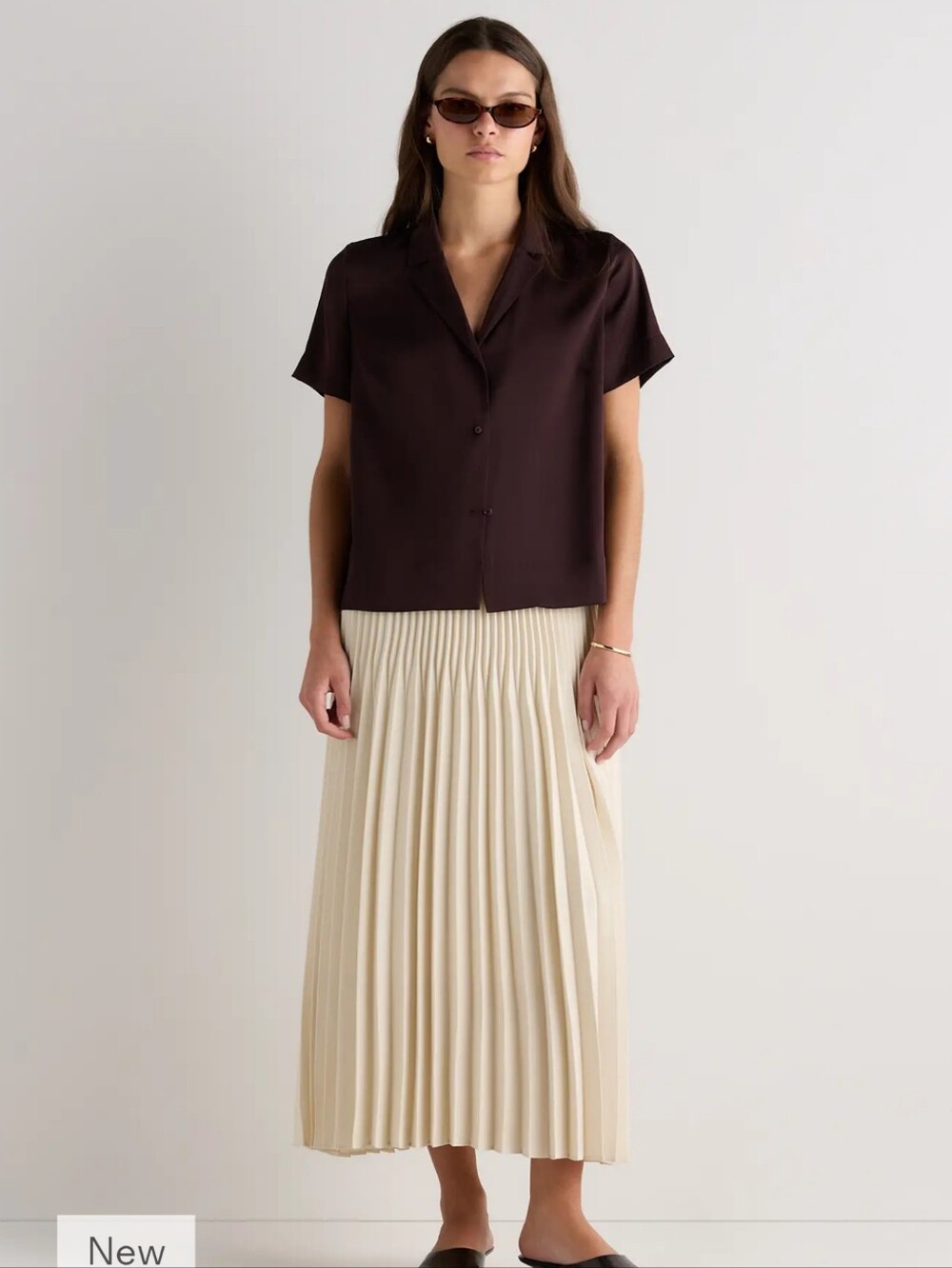 Quince Stretchable Silk Brown Top Short Sleeve Size Large